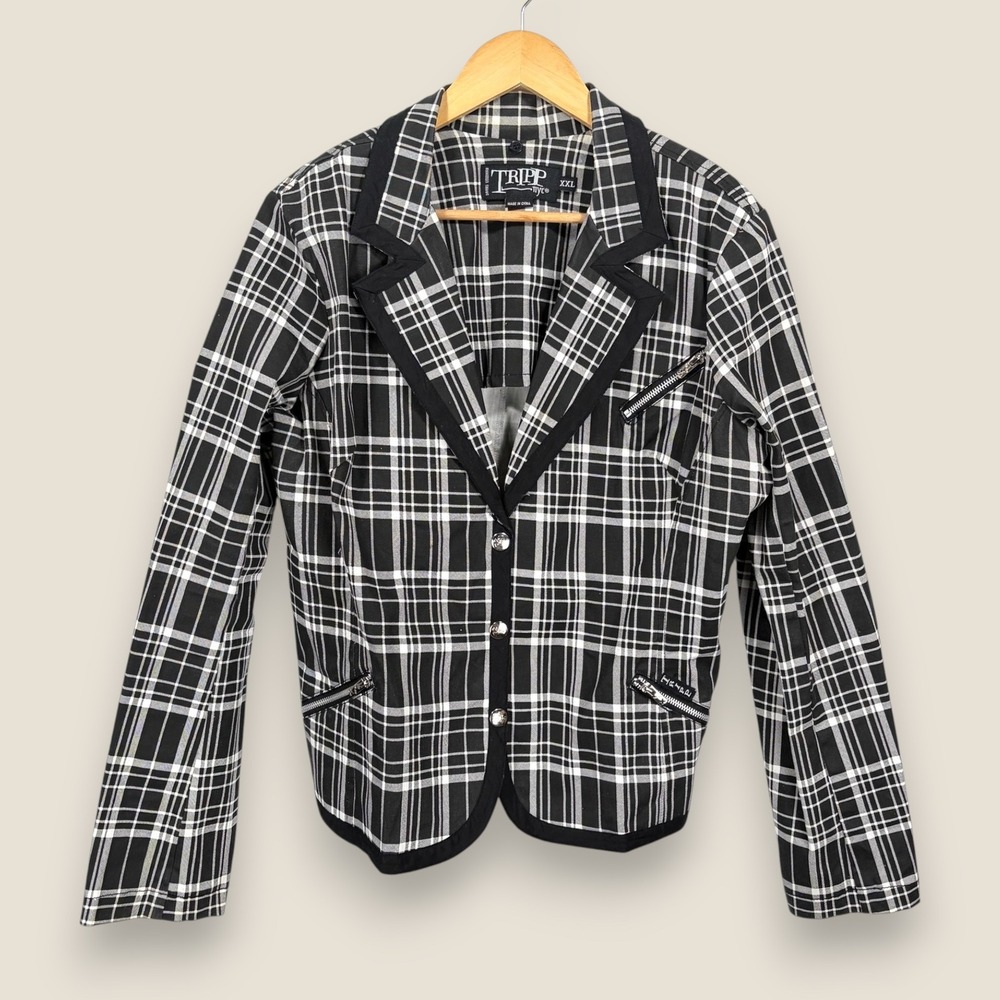 Tripp NYC Daang Goodman Jacket Blazer Women 2XL Black White Plaid Grunge Goth